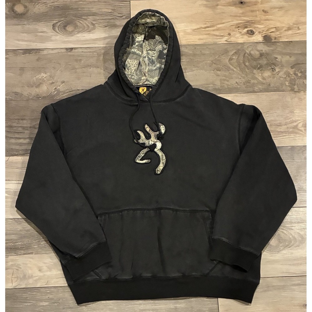 Browning Casual Sportswear Hoodie Men's 2XL Black Camo Lined Hood Buck Logo